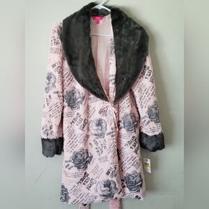 Betsey Johnson Pink and Gray Floral Print Faux Fur Bathrobe